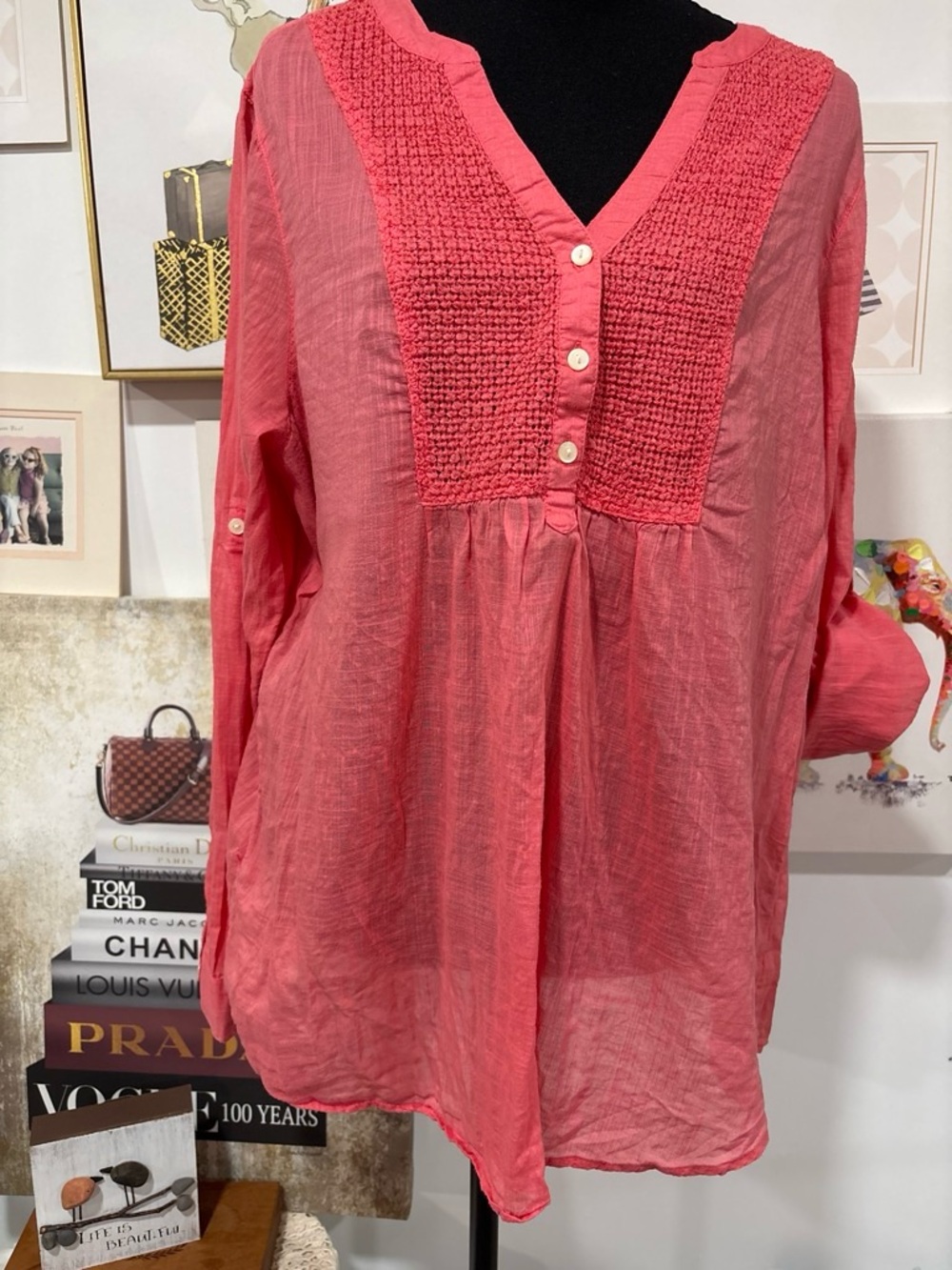 GAP Coral Gauze V-Neck Button Front Blouse